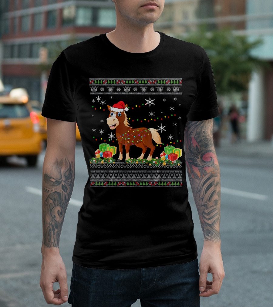 Christmas Horse Santa Hat Lights Snowflakes Presents T-Shirt