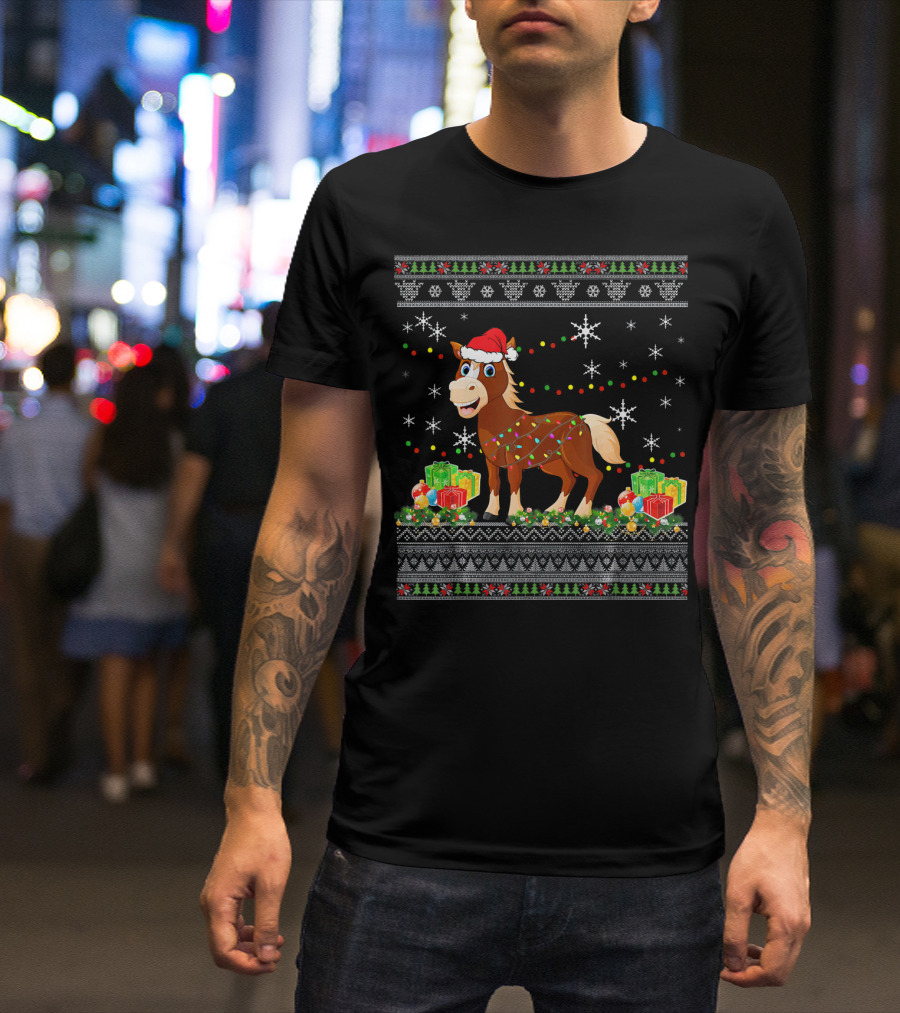 Christmas Horse Santa Hat Lights Snowflakes Presents T-Shirt