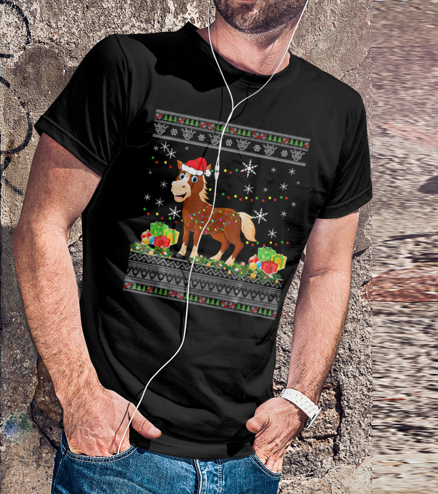 Christmas Horse Santa Hat Lights Snowflakes Presents T-Shirt