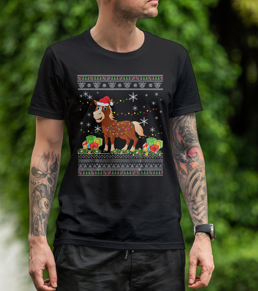 Christmas Horse Santa Hat Lights Snowflakes Presents T-Shirt