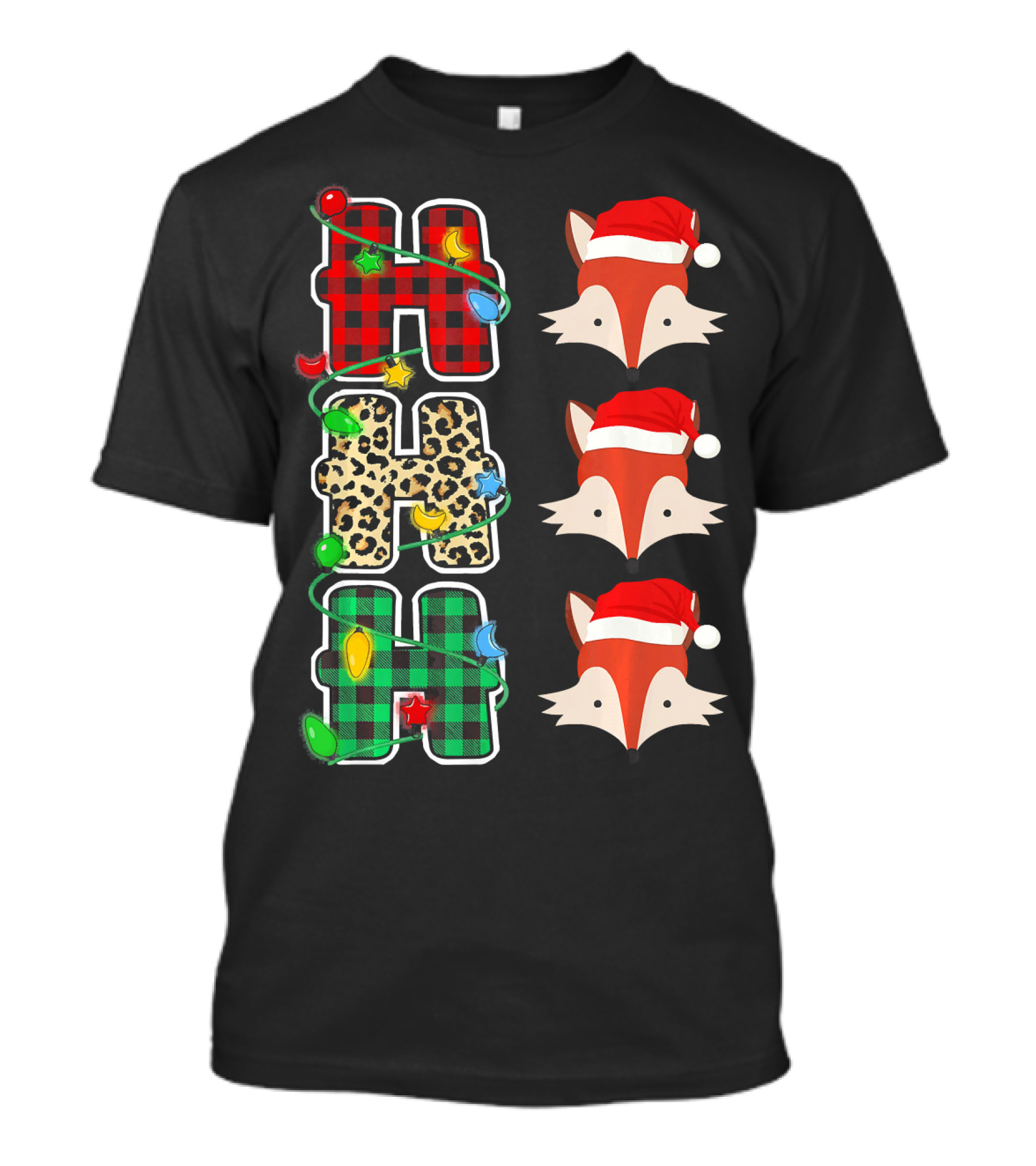 HO HO HO Plaid Leopard Santa Hat Fox Christmas Lights T-Shirt