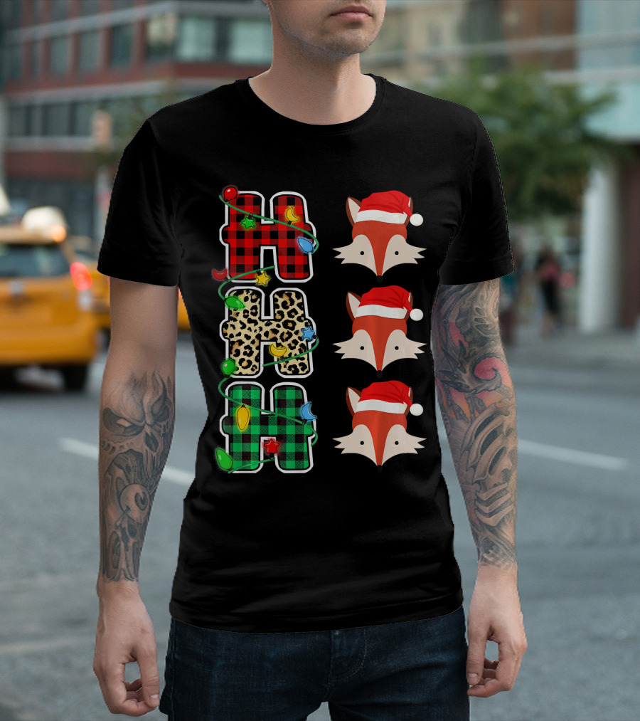 HO HO HO Plaid Leopard Santa Hat Fox Christmas Lights T-Shirt