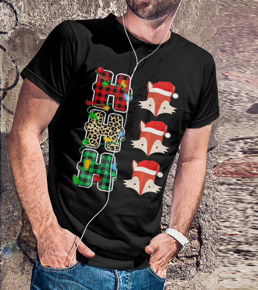 HO HO HO Plaid Leopard Santa Hat Fox Christmas Lights T-Shirt