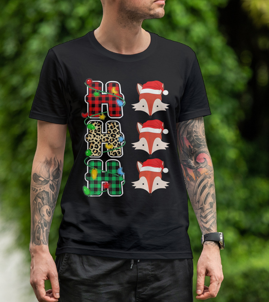 HO HO HO Plaid Leopard Santa Hat Fox Christmas Lights T-Shirt