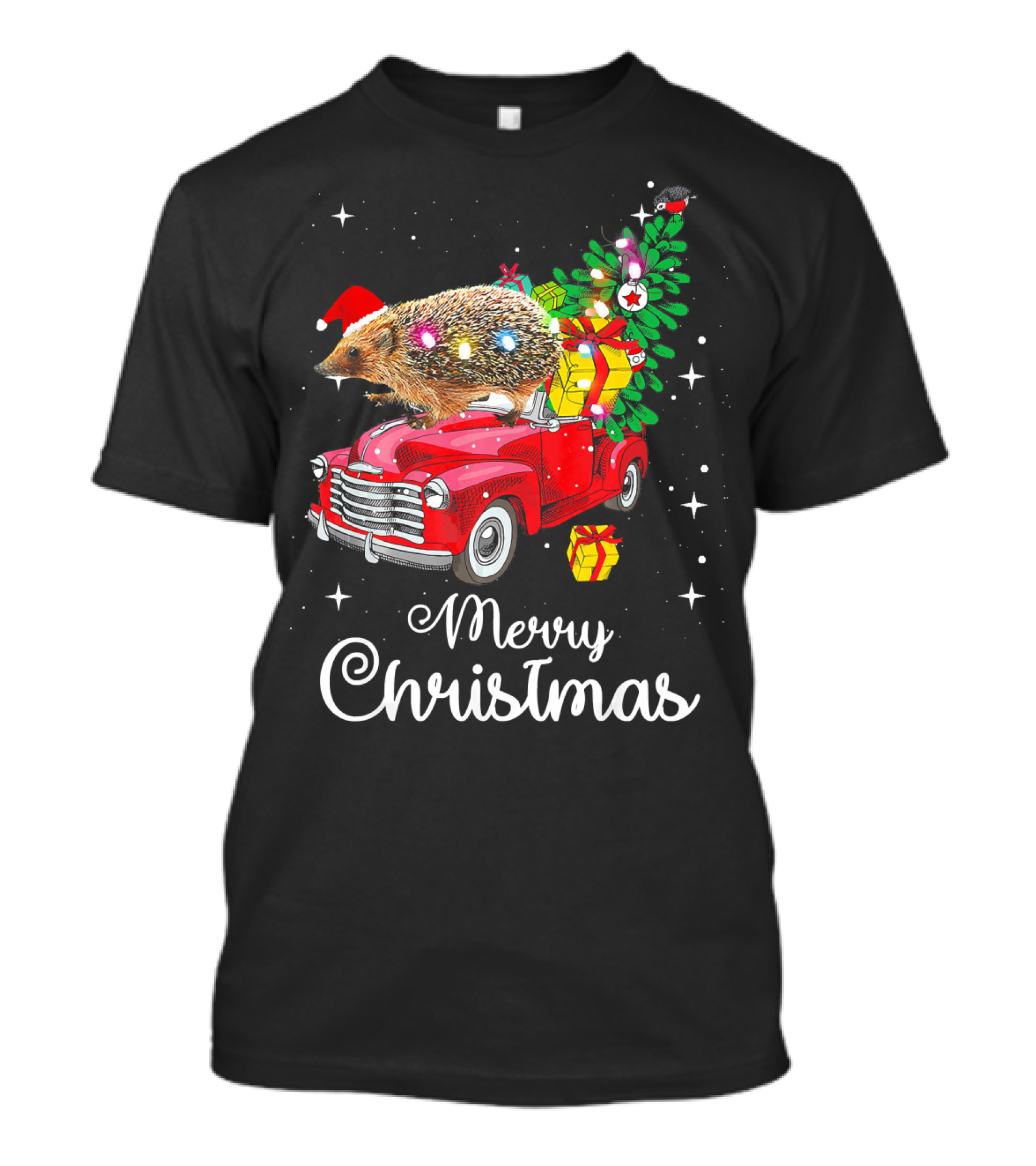 Hedgehog With Santa Hat On Red Truck Merry Christmas With Presents And Lights Pajamas T-Shirt