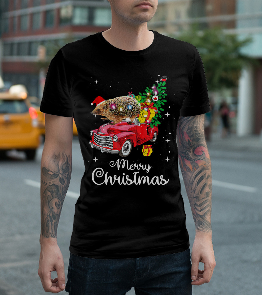Hedgehog With Santa Hat On Red Truck Merry Christmas With Presents And Lights Pajamas T-Shirt