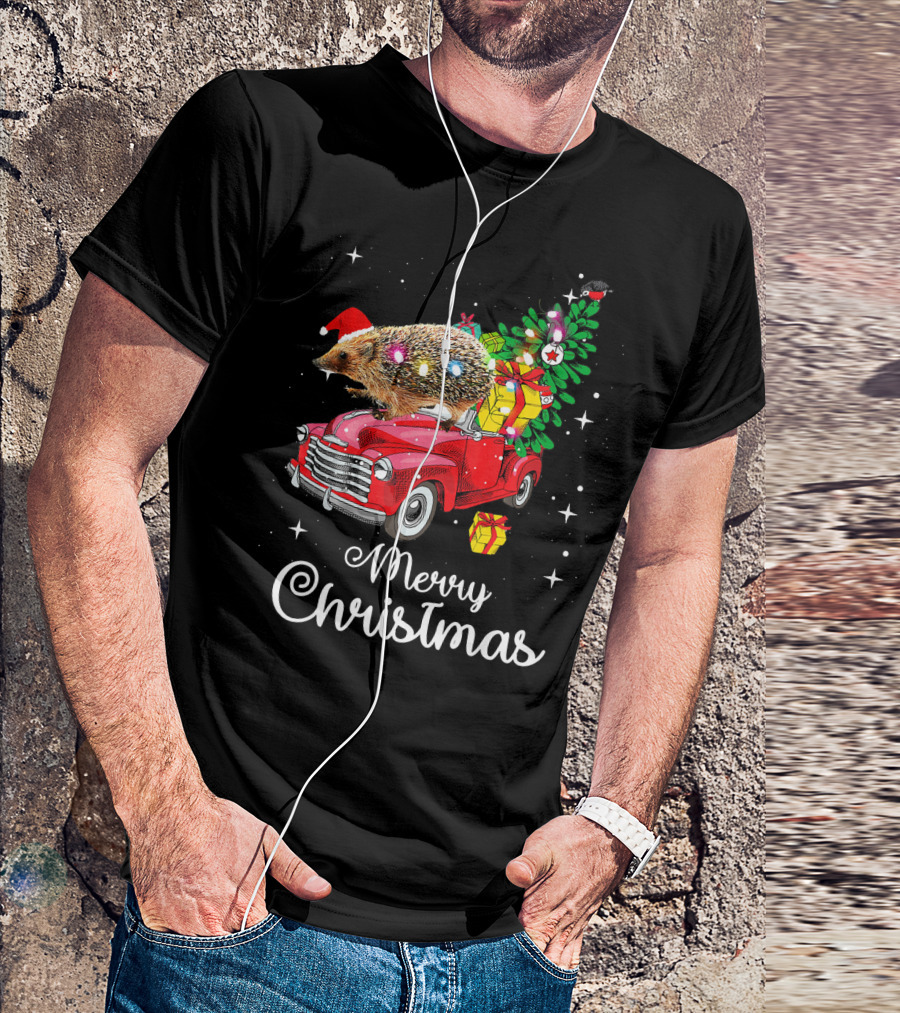 Hedgehog With Santa Hat On Red Truck Merry Christmas With Presents And Lights Pajamas T-Shirt