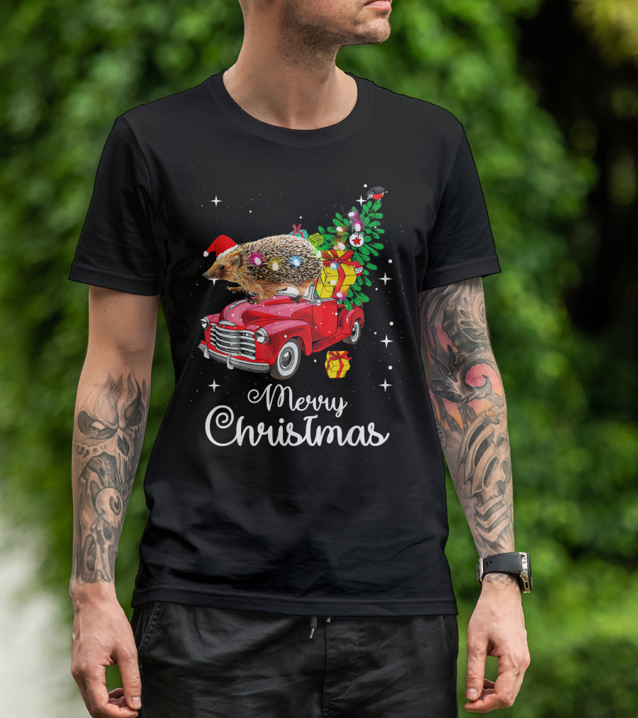 Hedgehog With Santa Hat On Red Truck Merry Christmas With Presents And Lights Pajamas T-Shirt