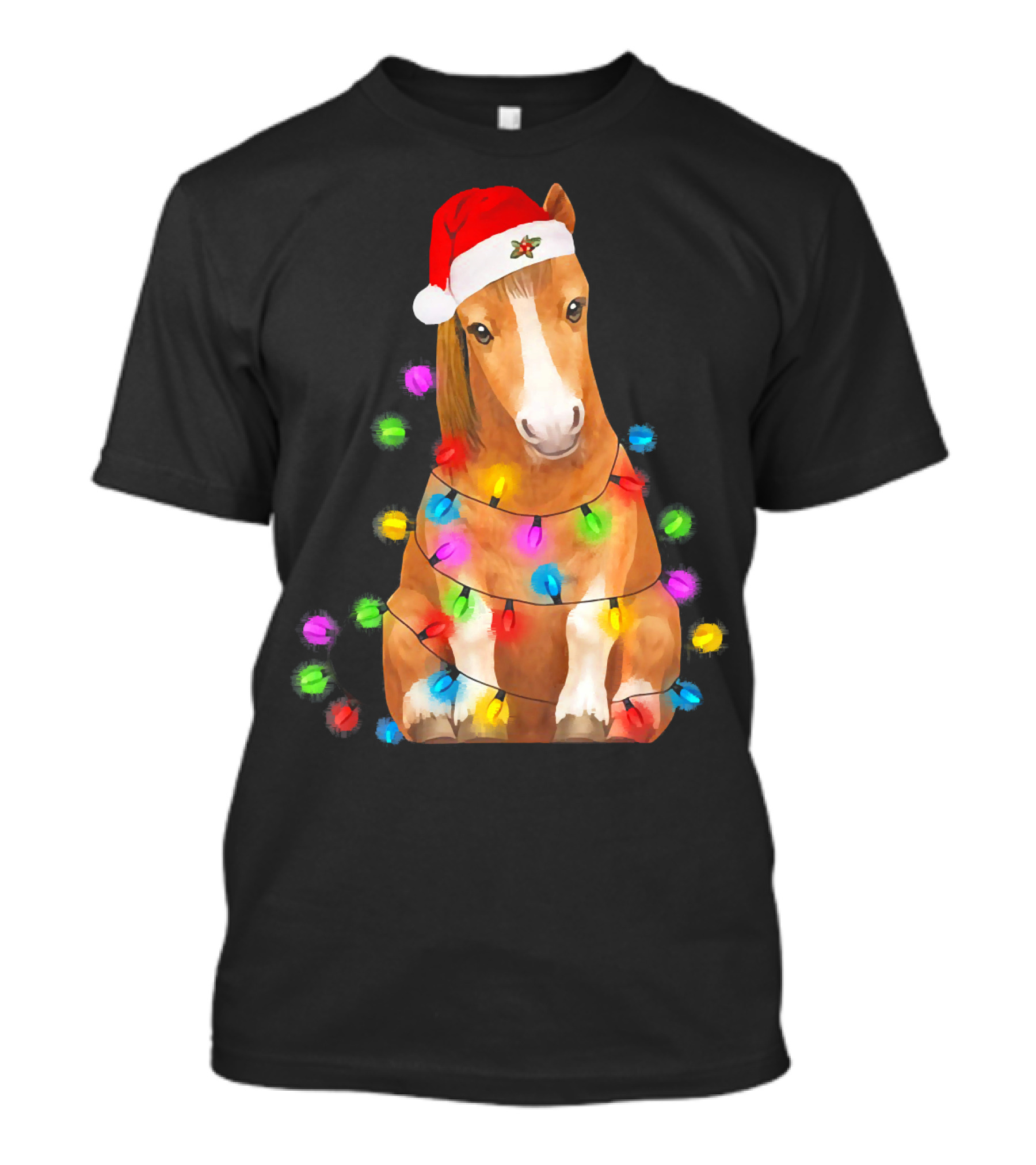 Horse Wrapped In Christmas Lights Wearing Santa Hat T-Shirt