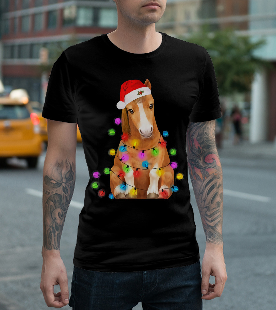 Horse Wrapped In Christmas Lights Wearing Santa Hat T-Shirt