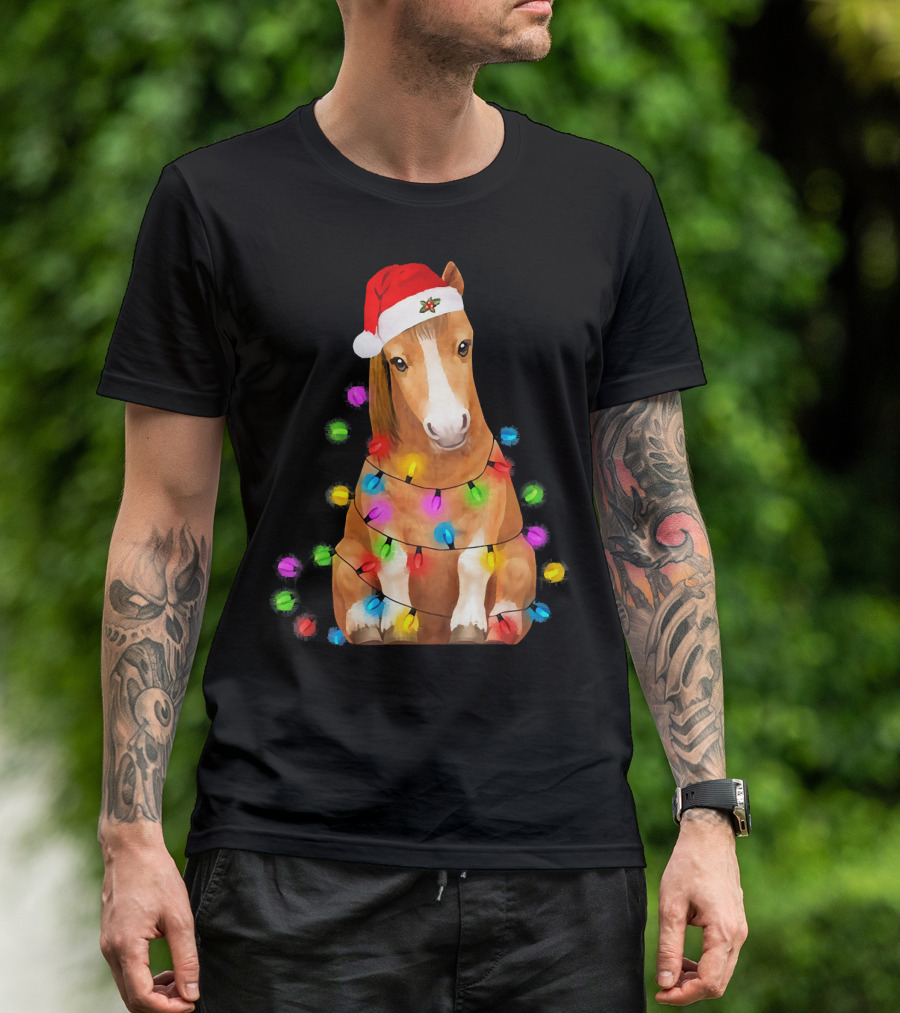 Horse Wrapped In Christmas Lights Wearing Santa Hat T-Shirt