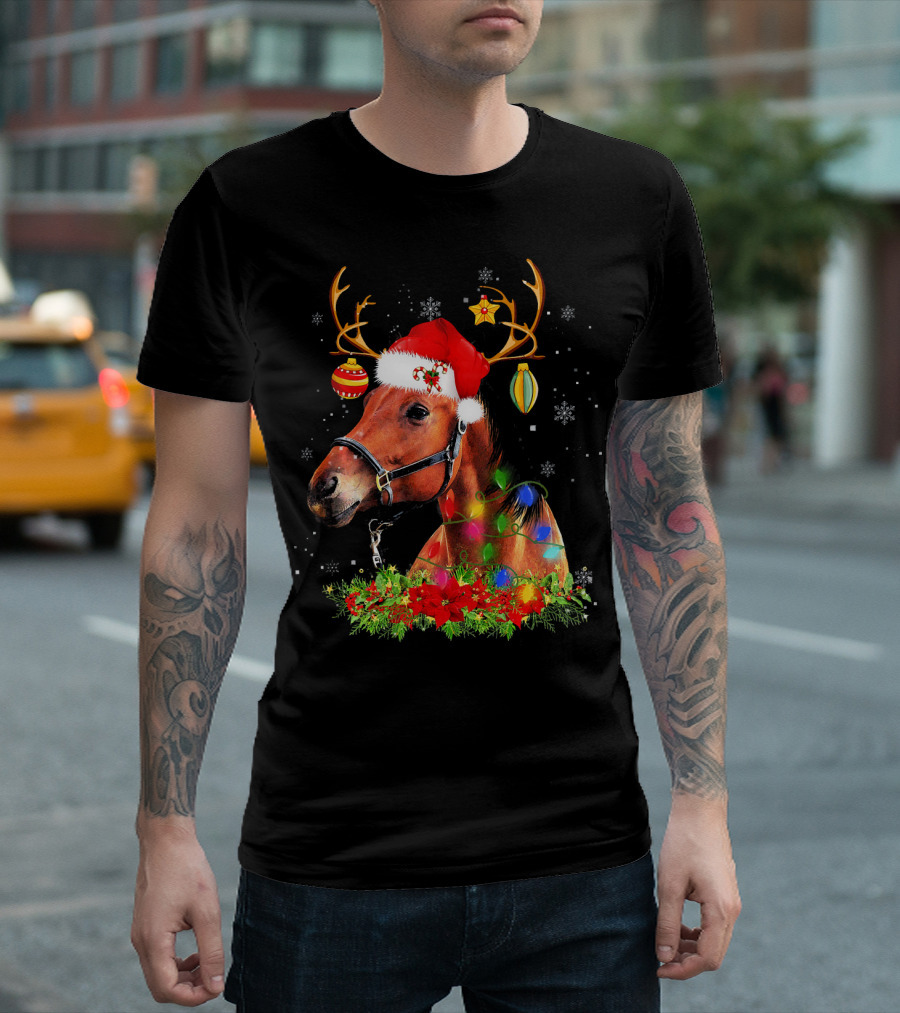 Horse Santa Antlers Ornaments Lights Snowflakes T-Shirt