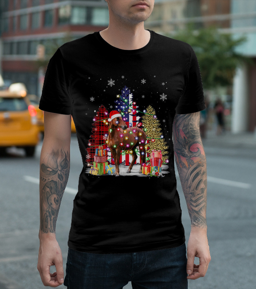 Horse In Santa Hat With Christmas Lights And USA Flag Tree T-Shirt