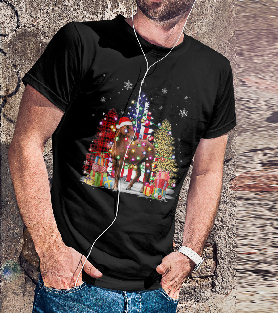 Horse In Santa Hat With Christmas Lights And USA Flag Tree T-Shirt