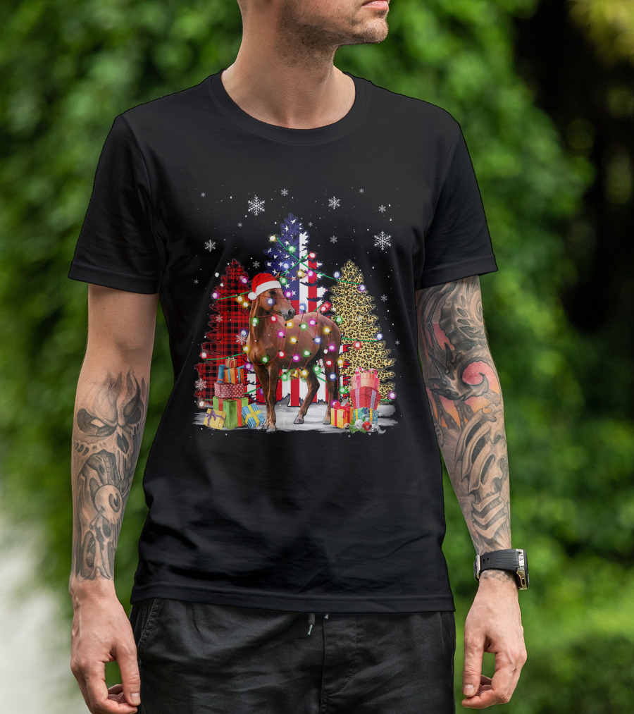 Horse In Santa Hat With Christmas Lights And USA Flag Tree T-Shirt