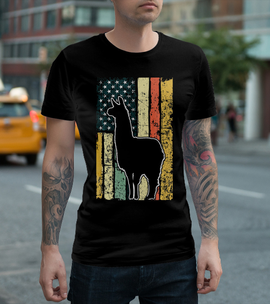 Llama Alpaca Silhouette Vintage American Flag Style USA T-Shirt