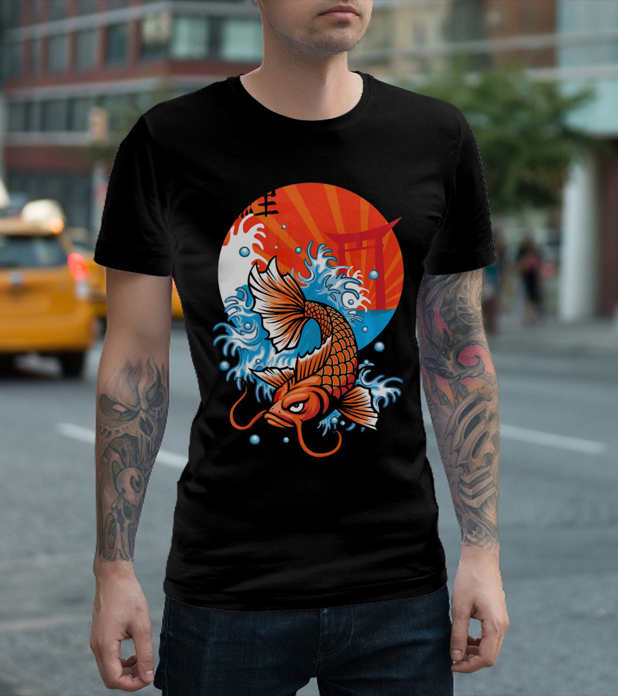 Koi Fish Rising Through Waves with Japanese Torii and Sunburst Background T-Shirt