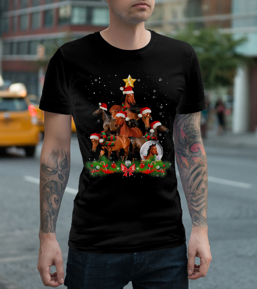 Horse Christmas Tree with Santa Hats and Festive Decorations T-Shirt