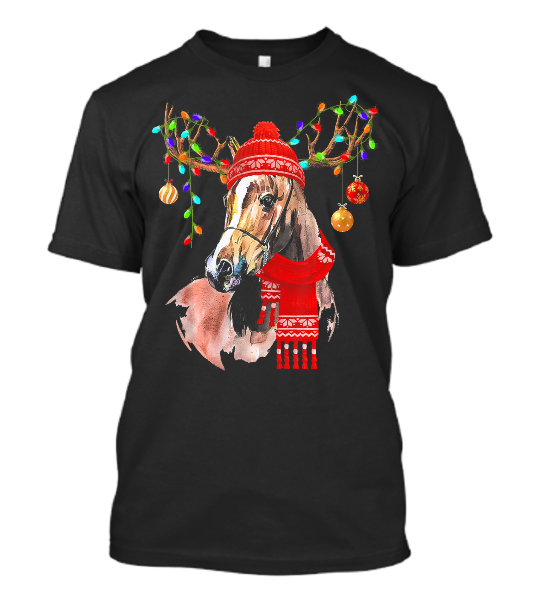 Horse With Red Scarf And Festive Reindeer Antlers With Christmas Lights T-Shirt