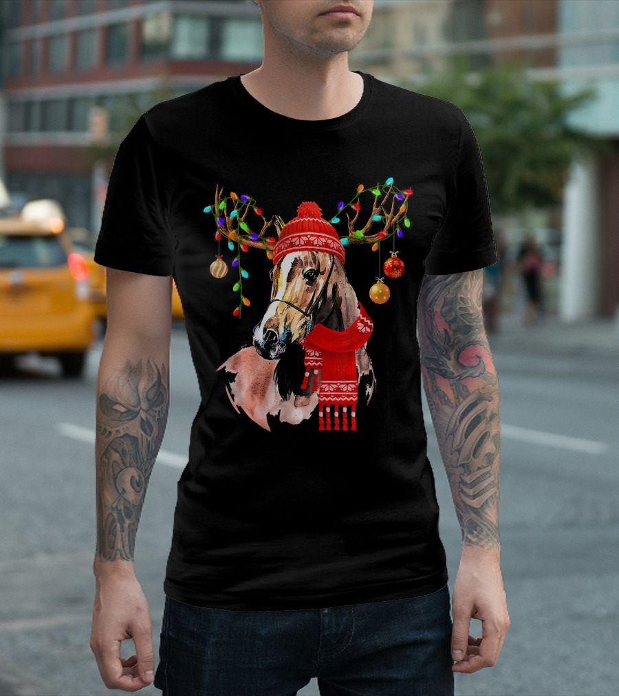 Horse With Red Scarf And Festive Reindeer Antlers With Christmas Lights T-Shirt