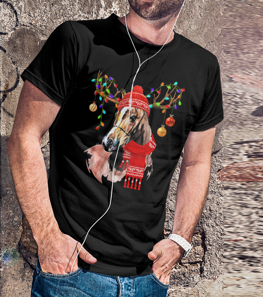 Horse With Red Scarf And Festive Reindeer Antlers With Christmas Lights T-Shirt