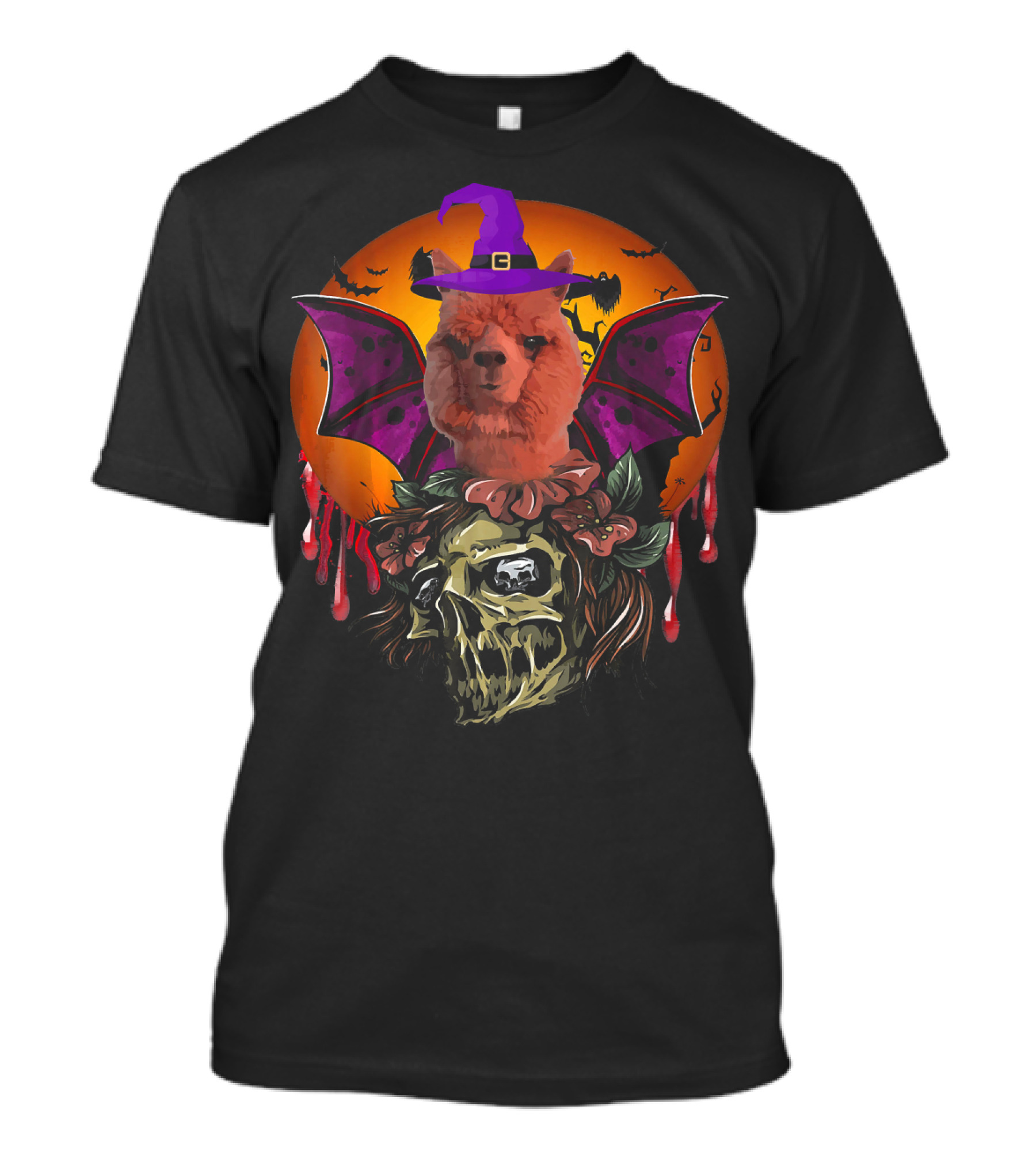 Llama Alpaca Witch Bat Skull Halloween Moon T-Shirt