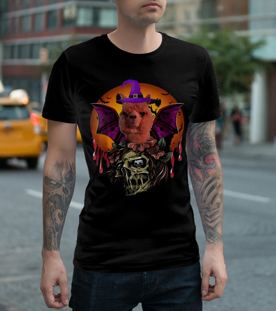 Llama Alpaca Witch Bat Skull Halloween Moon T-Shirt