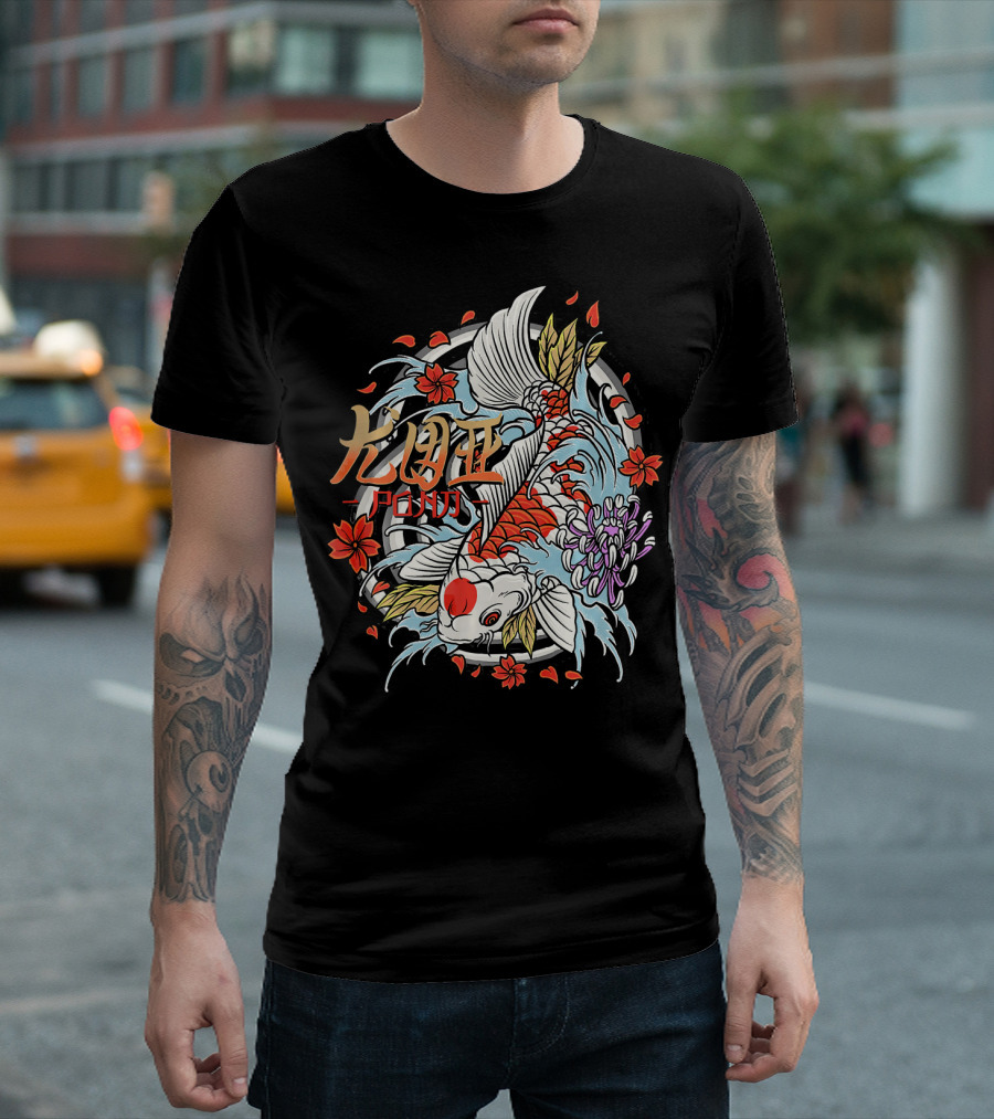 Koi Fish Pond Japanese Art Otaku Sakura Blossom Kanji T-Shirt