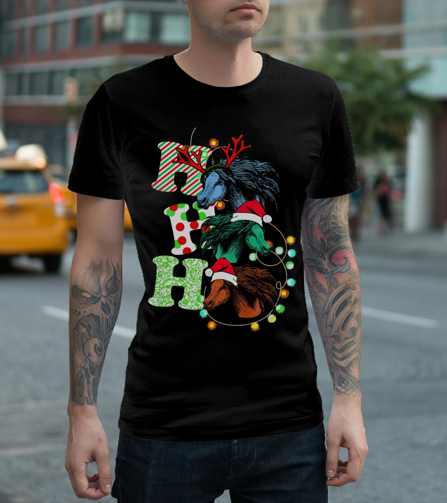 Ho Ho Ho Christmas Horse with Antlers and Santa Hats T-Shirt
