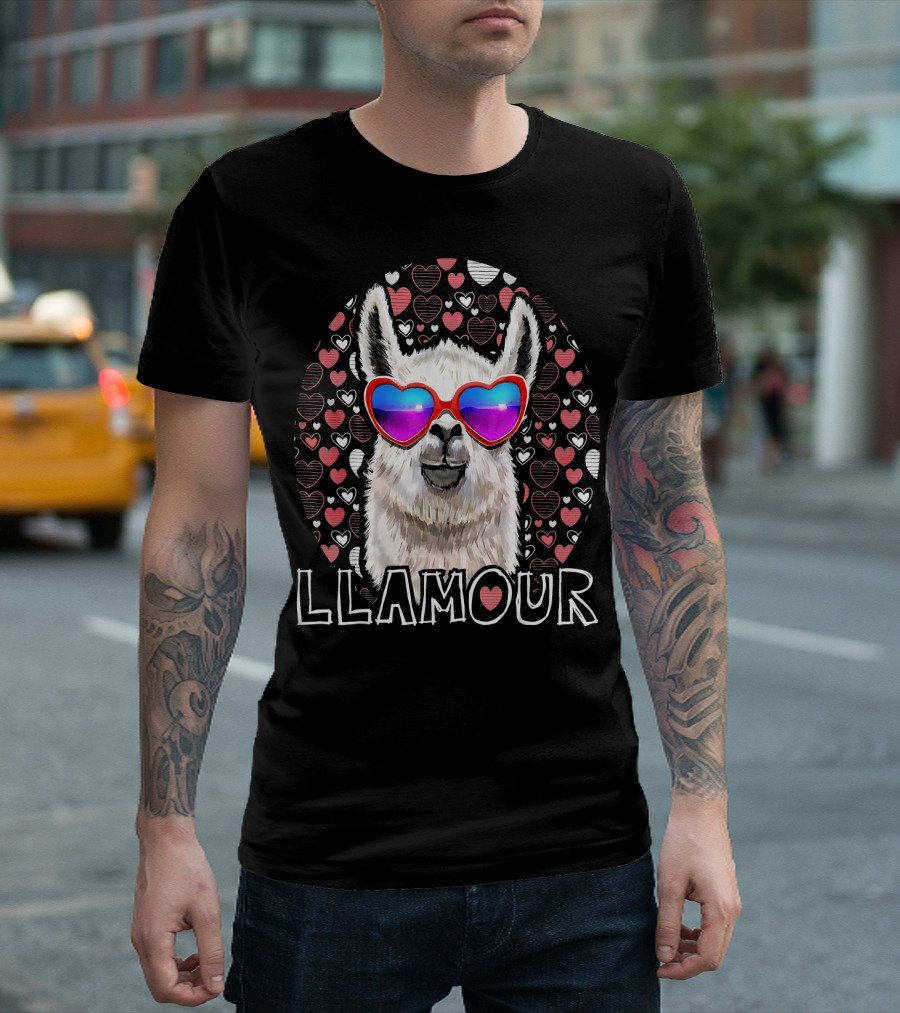 Llamour Heart Sunglasses Llama Valentines Day T-Shirt