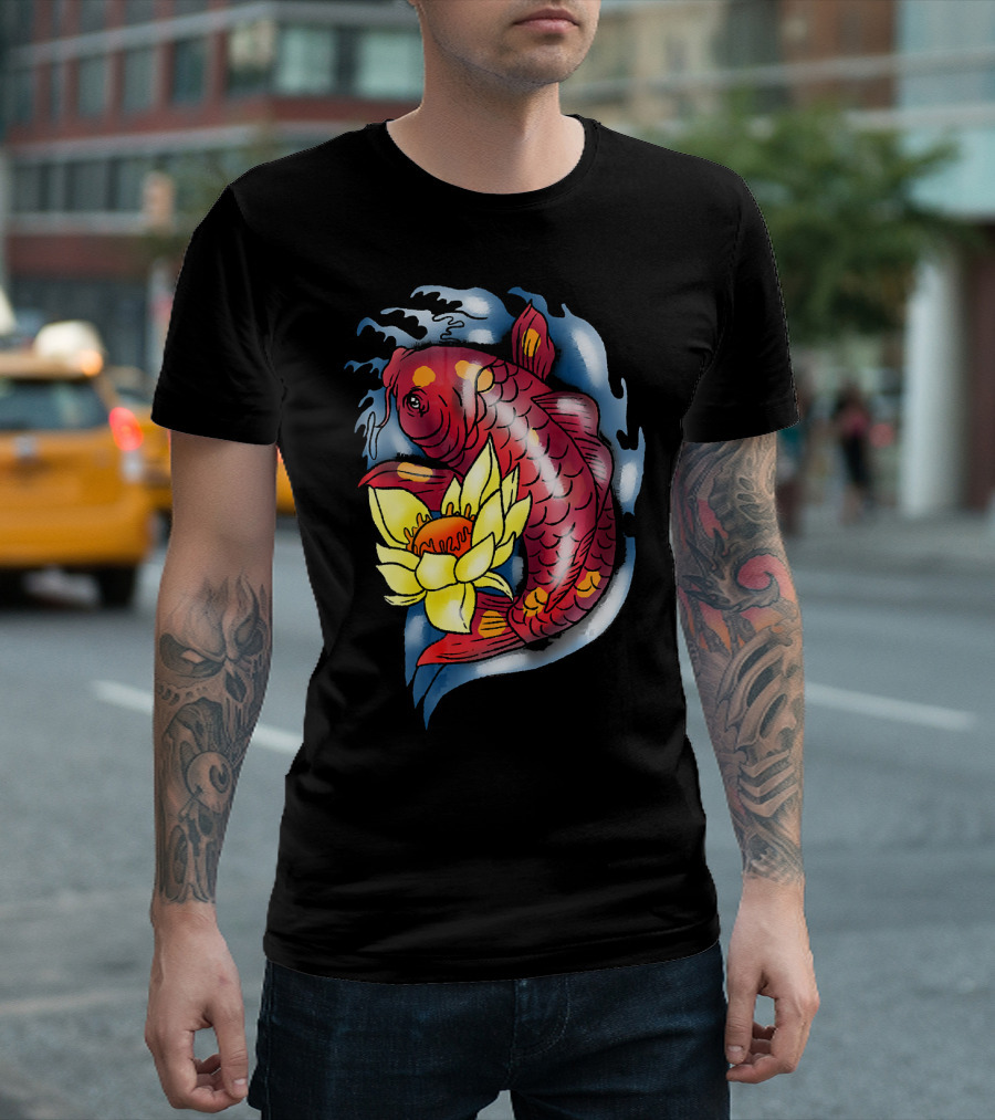 Koi Fish Jinli Japanese Tattoo Art Style With Water And Lotus T-Shirt