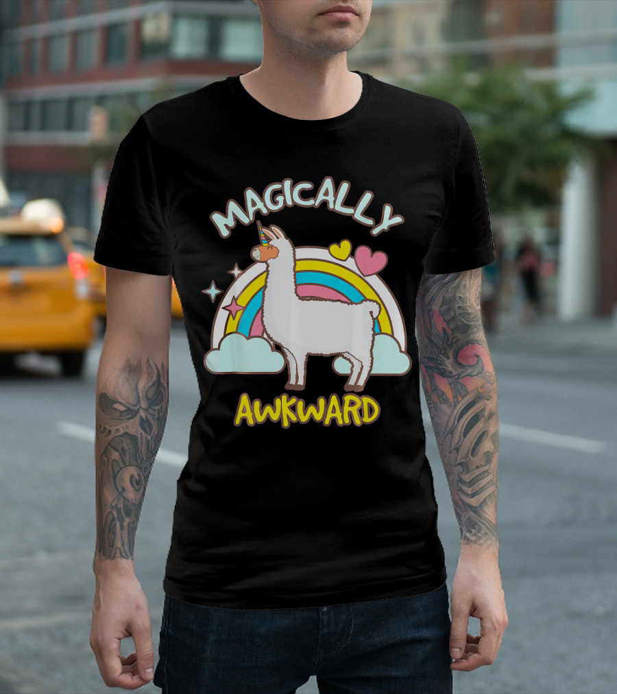 Magically Awkward Llama With Rainbow And Hearts T-Shirt