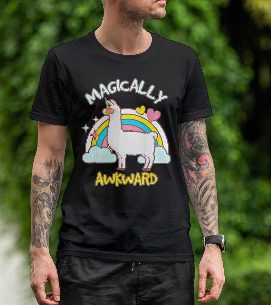 Magically Awkward Llama With Rainbow And Hearts T-Shirt