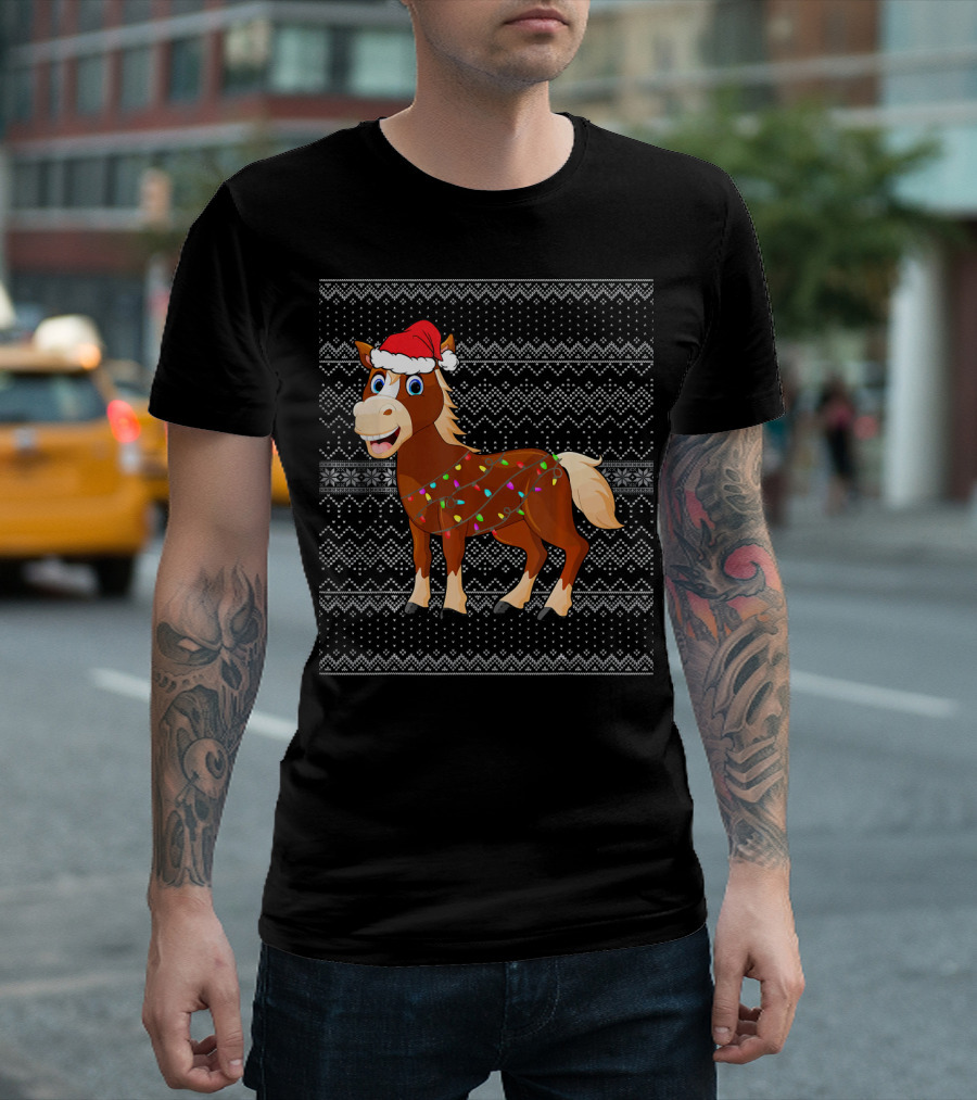 Horse in Santa Hat Wrapped in Christmas Lights with Festive Knit Background T-Shirt