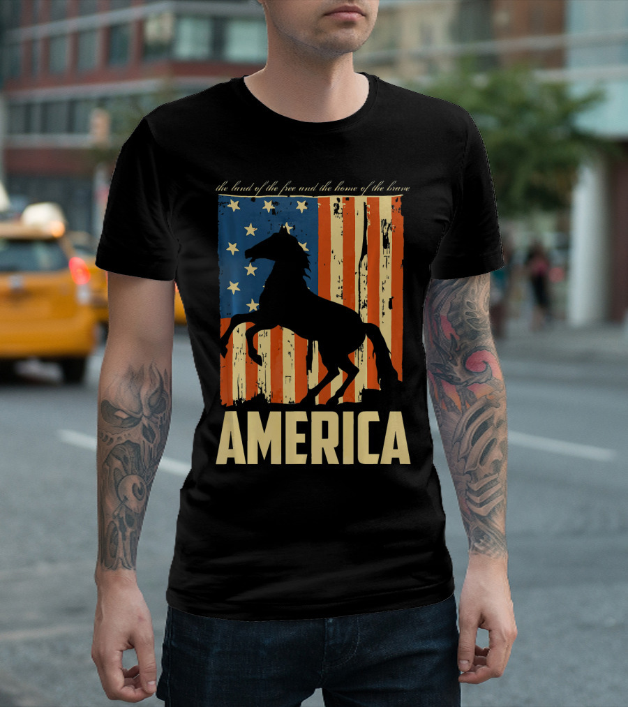 America Horseback Riding Silhouette with Patriotic Flag and Land of the Free Home of the Brave T-Shirt