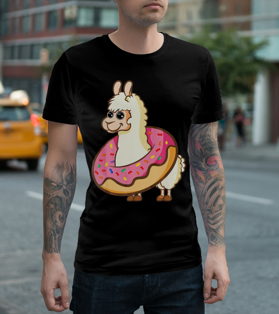 Llama Cute And Funny Llama In Donut With Sprinkles T-Shirt