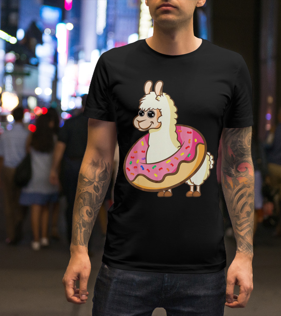 Llama Cute And Funny Llama In Donut With Sprinkles T-Shirt