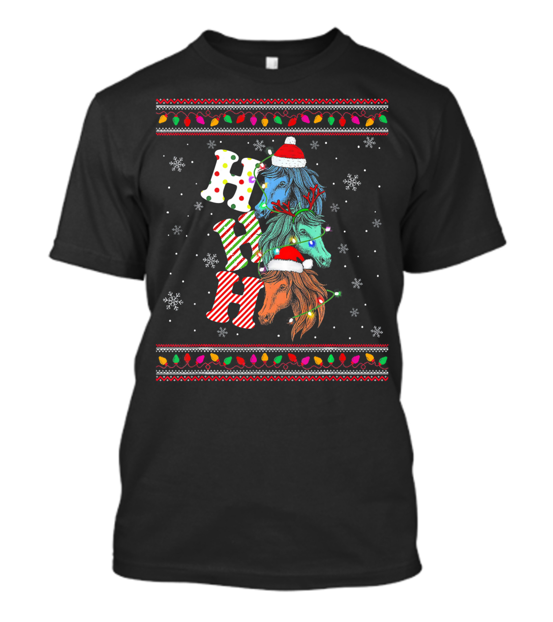 Ho Ho Ho Horse Reindeer Xmas Ugly Christmas Sweater Festive Lights Snowflakes T-Shirt