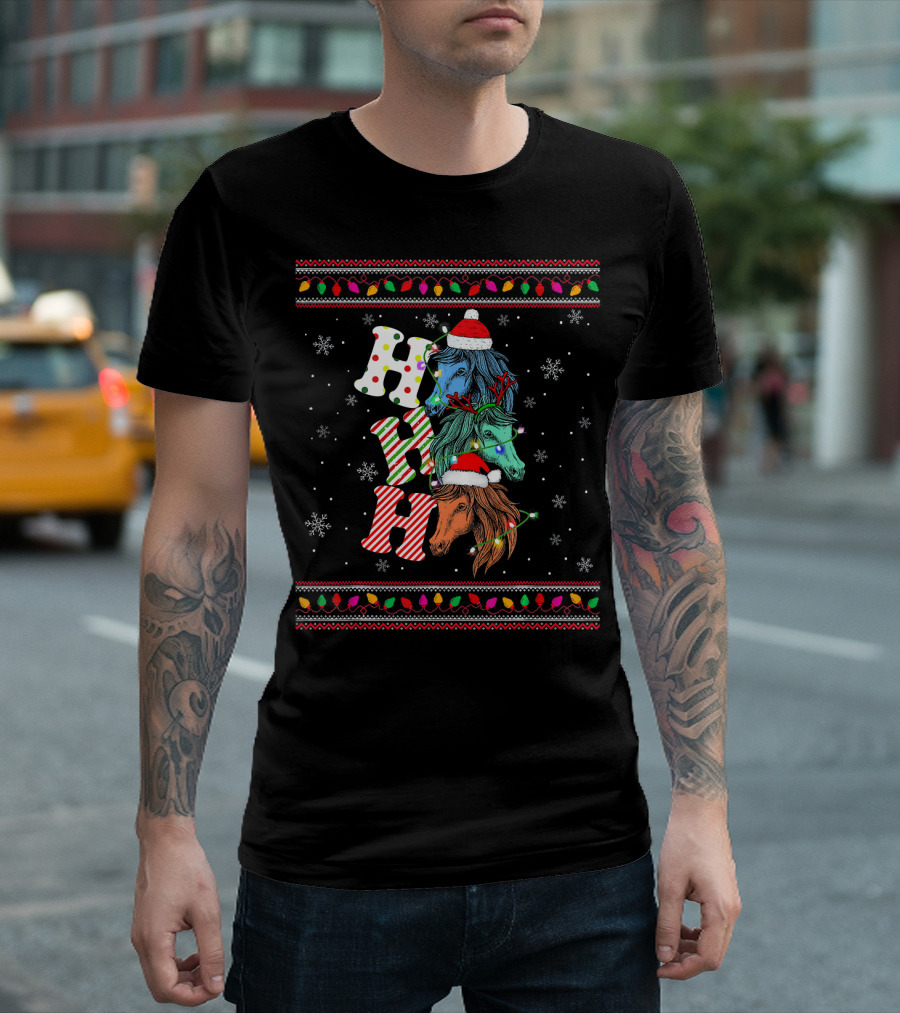 Ho Ho Ho Horse Reindeer Xmas Ugly Christmas Sweater Festive Lights Snowflakes T-Shirt