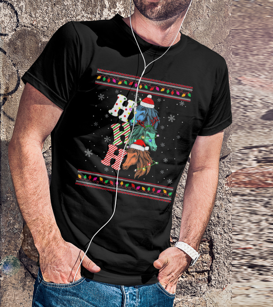 Ho Ho Ho Horse Reindeer Xmas Ugly Christmas Sweater Festive Lights Snowflakes T-Shirt