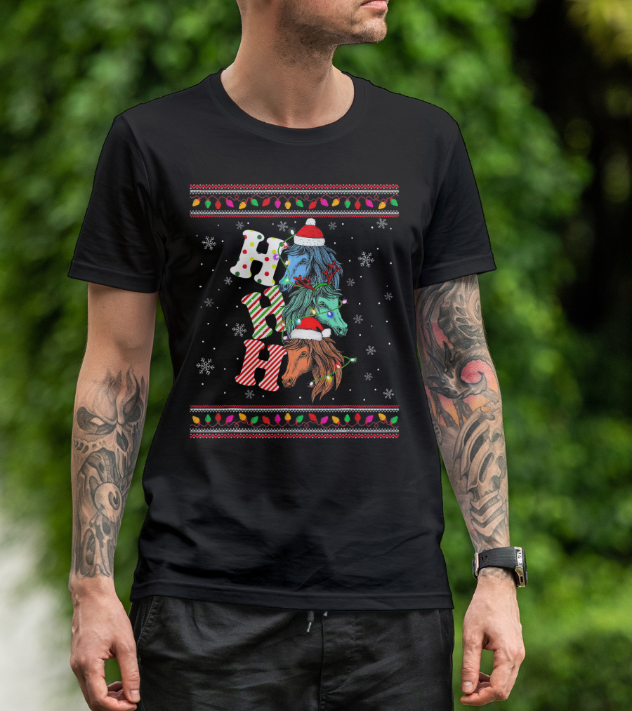 Ho Ho Ho Horse Reindeer Xmas Ugly Christmas Sweater Festive Lights Snowflakes T-Shirt