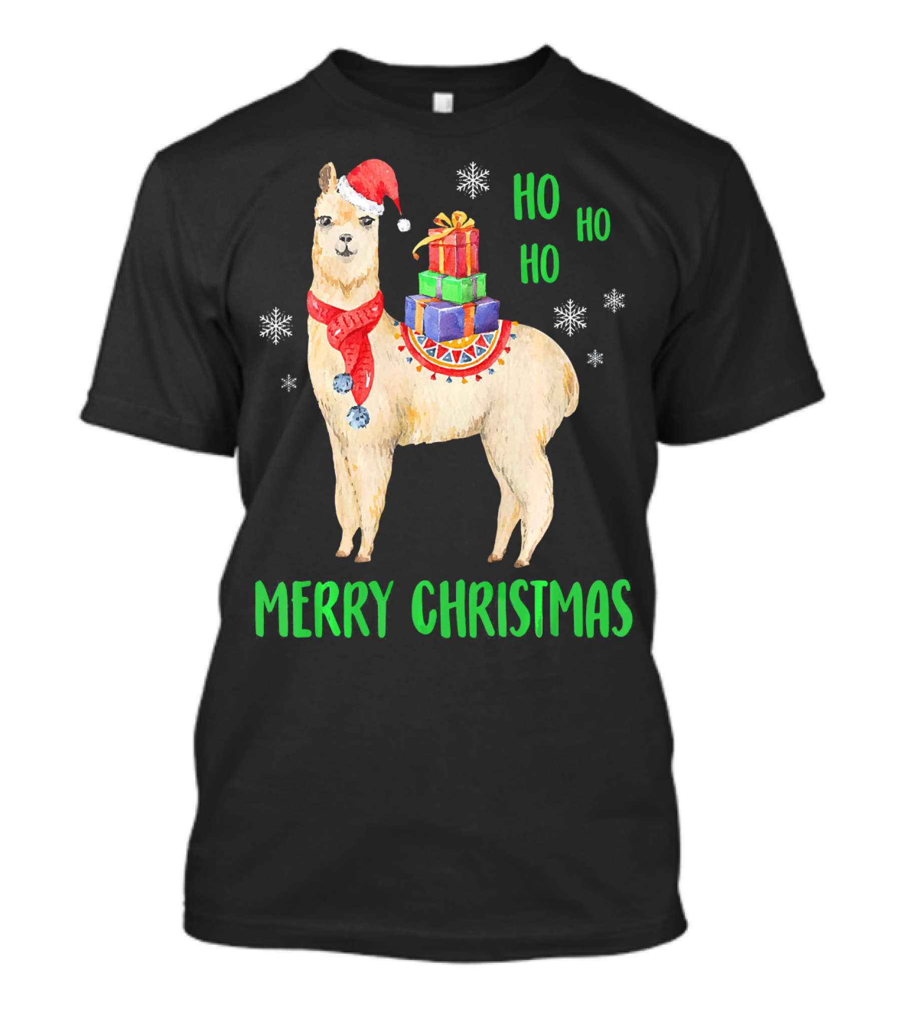 Merry Christmas Llama With Santa Hat Ho Ho Ho Snowflakes T-Shirt