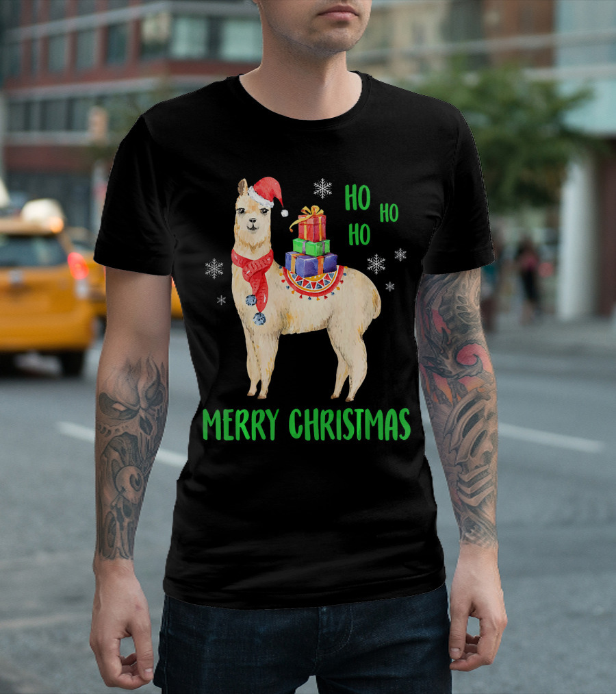 Merry Christmas Llama With Santa Hat Ho Ho Ho Snowflakes T-Shirt
