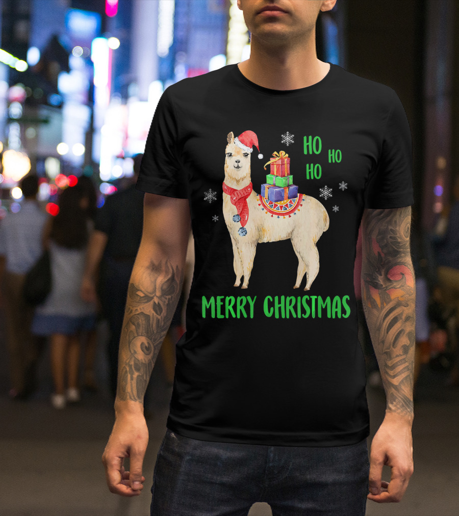 Merry Christmas Llama With Santa Hat Ho Ho Ho Snowflakes T-Shirt