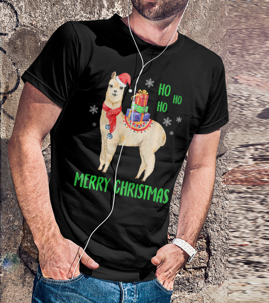 Merry Christmas Llama With Santa Hat Ho Ho Ho Snowflakes T-Shirt