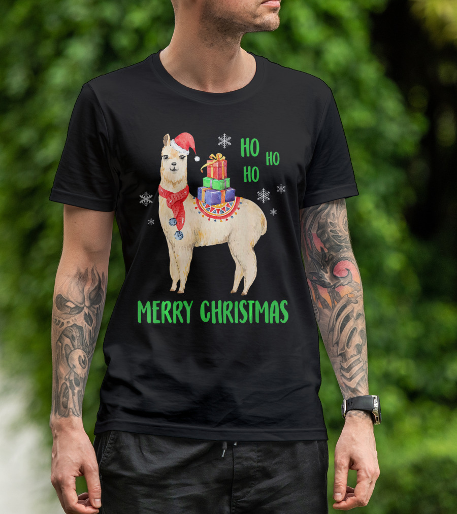 Merry Christmas Llama With Santa Hat Ho Ho Ho Snowflakes T-Shirt