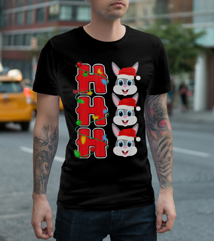 Ho Ho Ho Santa Rabbit Christmas Lights Red Hat T-Shirt