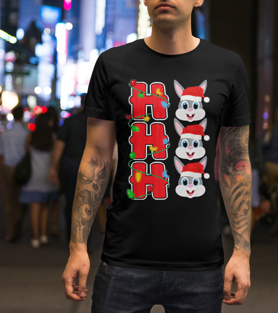 Ho Ho Ho Santa Rabbit Christmas Lights Red Hat T-Shirt