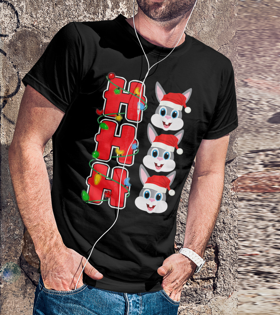 Ho Ho Ho Santa Rabbit Christmas Lights Red Hat T-Shirt