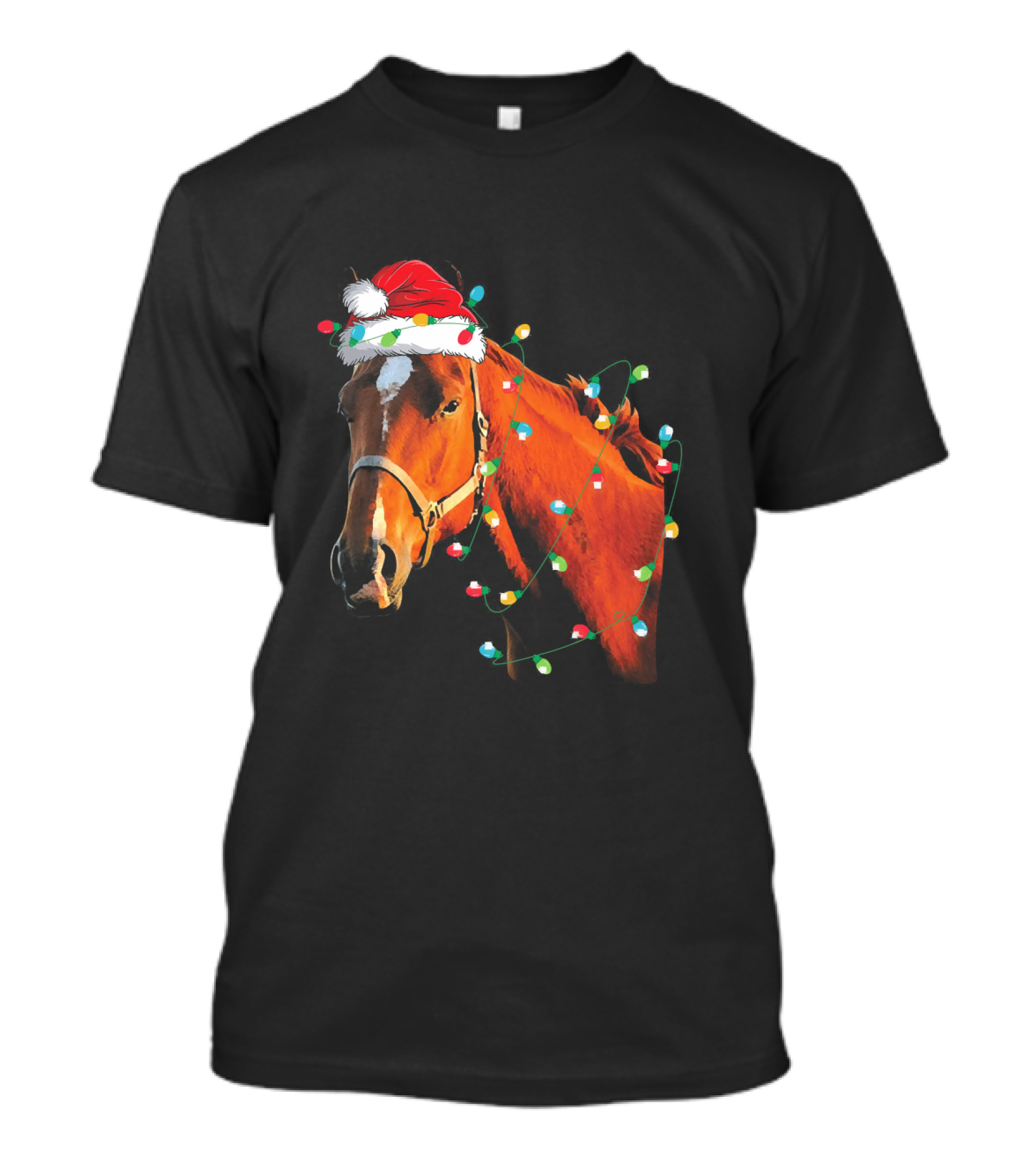 Horse Wearing Santa Hat With Christmas Lights Funny Holiday Horse T-Shirt